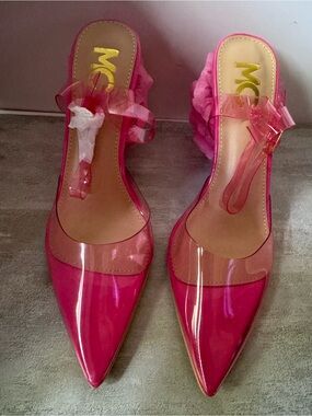 MC Pink Pointed Toe Clear Strap with layered fabric rose appliqués on the heel